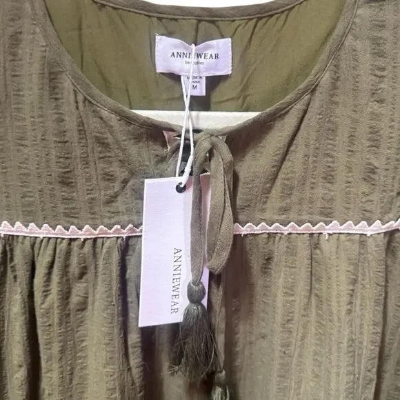 Annie Wear Olive Tiered Mini Babydoll Dress Pockets Short Sleeve NWT - Picture 12 of 15
